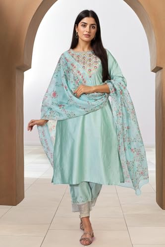 Ensemble jacquard vert clair et broderies Zari idéal pour célébrations et fêtes - 2