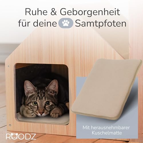 ROODZ 2-in-1 Kratz- & Loungehöhle für Katzen – Echtholz & Kratzvlies – Gemütliche Katzenhöhle