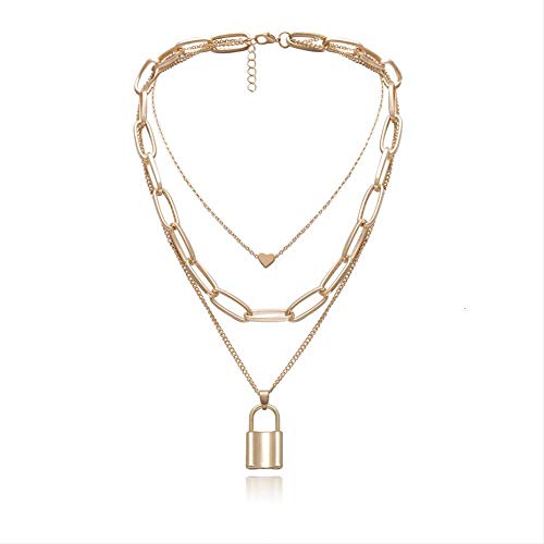 LW Amante de múltiples Capas Cerradura Colgante Gargantilla Collar Steampunk Candado Corazón Cadena Collar Collier Mejor Pareja Regalo de joyería