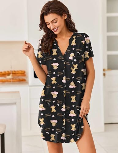 Image of Ekouaer Women V Neck Button Down Nightgown