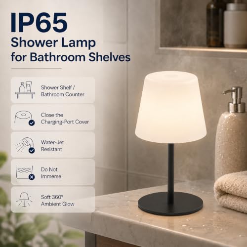 Image of IP65 Waterproof Shower Lamp, Cordless Rechargeable Table Lamp, Black | 4000mAh Battery Operated Lamp, Spa-Like Glow for Showers, Vanity, Bedside and Patios; 3 Color Temperatures, Touch Dimming
