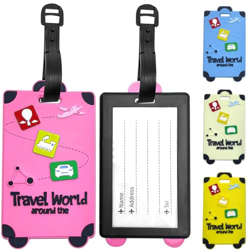 KIRZAX 4 Unidades Identificador de Maletas, Etiquetas de Maleta de Silicona Suave de Color Brillante,Etiquetas para Maletas con Tarjeta de Identificación Impermeable, para Viajes, Equipaje Facturado