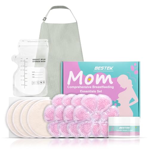 Image of BESTEK Breastfeeding Essentials for Nursing Moms - Nursing Pads, Nursing Cover, Nipple Cream, Breast Milk Storage Bags, Hot and Cold Breast Therapy Packs, 39 Piece Gift Set, Green