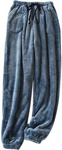 Women's Plush Pajama Pants with Pockets Winter Fuzzy Fleece Elastic Cuffs Lounge Bottoms Sleepwear Home Pants Blue M