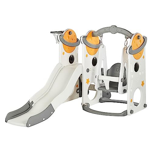 DUKE BABY 4-in-1 Slide and Swing Set: Perfect for 1-6-year-old Toddlers for Indoor/Outdoor Playground with Basketball Hoop, Climber-Space Yellow.