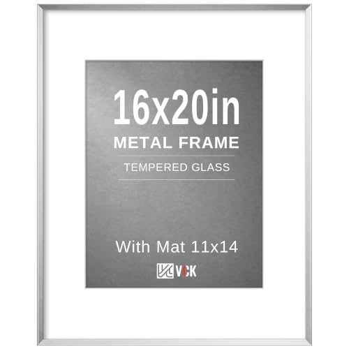 Image of VCK 16x20 Picture Frame Silver, Modern Aluminum Metal Frame with Tempered Glass, Display Photo 11x14 with Mat or 20x16 Without, Contemporary Decor for Home, Office, Studio, Wall Hanging or Tabletop