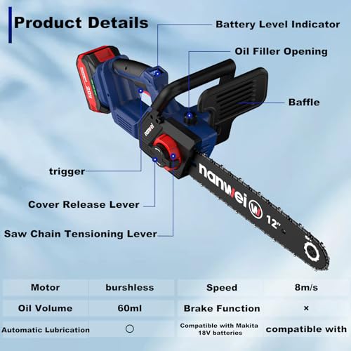 Image of NANWEI 12 Inch Chainsaw Cordless, 20V Brushless Motor, 2x4.0Ah Batteries and Charger, Auto Oiling, Tool-Less Adjustment, Lightweight Electric Chainsaw for Tree Pruning, Branch Cutting, Extra Chain