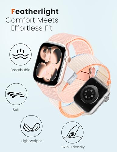Crodi 2 Packs Nylon Loop Sport Bands Compatible with Apple Watch Band 38/40/41/42mm Women Men, Strong Magnetic Adjustable Straps for iWatch Series 11 10 9 8 7 6 5 4 SE/Ultra 3 2 1, Pink&Starlight — view 3
