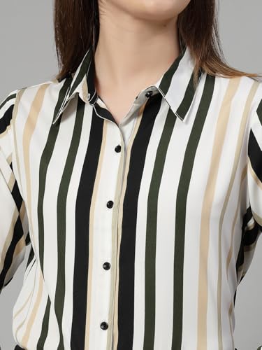 Image of Style Quotient Women Beige White Stripe Printed Formal Shirt