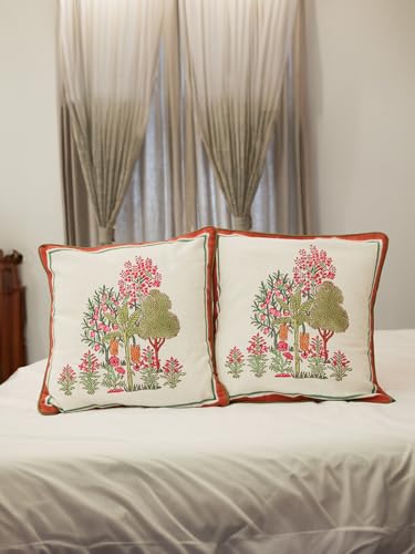 Image of Darakht Hand Block Printed Cushion Cover Set | Cushions Cover for Home & Office | 100% Cotton Fabric | Size - 16 x 16 Inches | Pack of 2 Cushion Covers | Color - White
