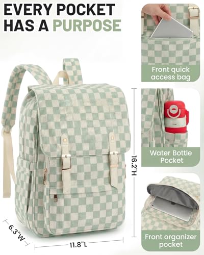 Image of Corduroy Laptop Backpack for Women, Fits 15.6 Inch Computer Bag, College Bookbag Travel Daypack Purse, Work Business Bags - Corduroy Checkered Green