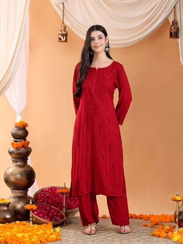 Image of POSHAK CHIKAN STUDIO Women's Hand Embroidered Lucknowi Chikankari Rayon Co-ord Set