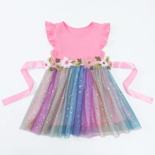 Image of HILEELANG Little Flower Girl Tulle Tutu Dress Easter Cotton Ribbed Birthday Wedding Party Princess Dresses