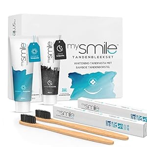 mysmile Whitening Tandpasta Tandenbleekset met bamboe tandenborstel – Natuurlijk thuis tanden bleken – Vrij van peroxide – Ideaal tegen vlekken – 2 x 60 ml en 2 bamboe tandenborstels