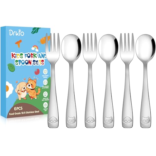 DRKIO Stainless Steel Toddler Utensils Set - 6 Pieces Kids Silverware Set Children Safe Food Grade Small Forks and Spoons Dishwasher Safe Mirror...