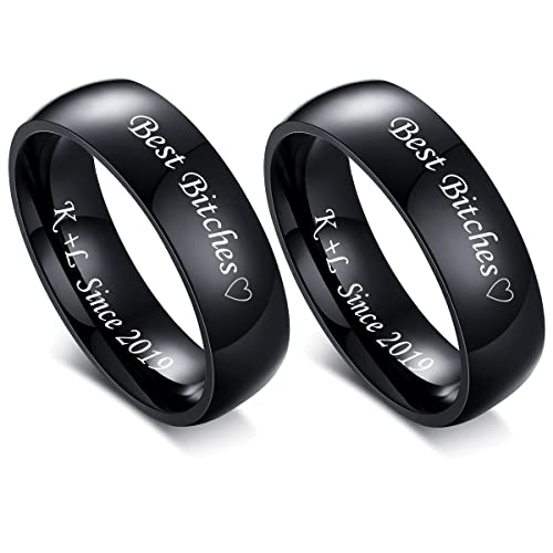 MZZJ Personalized Best Friend Rings for 2 Minimalist 6MM Polish Stainless Steel Comfort Fit Domed Stackable Knuckle Ring Wedding Band for Girls,Sun Moon Ring,Pinky Promise Ring,Yin-Yang Ring,Size 5-12