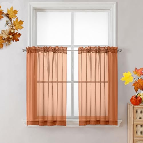 Image of OVZME Orange Sheer Curtains 36 inches Long, Short Kitchen Window Treatment Solid Sheers Cafe Curtains Bathroom Voile Half Window Panels, Rod Pocket, 42 inch Wx36 L
