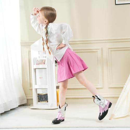 Kids Cowboy Boots Unisex Cowgirl Metallic Western Booties Round Toe Pull on Splicing Riding Ankle Boots for Boys/Girls2