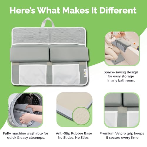 Image of Wobbi Comfortable Bath Kneeler and Elbow Rest Pad Set | 6 Suction Cups for Slip-Resistant Stability | 1.5 inch Thick Memory Foam Bath Kneeling Pad with 4 Storage Pockets (Grey)