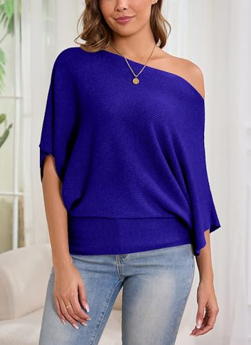 Image of MAKARTHY Womens Batwing Sleeves Knitted Dolman Pullovers Boat Neck Tops Sweatershirts