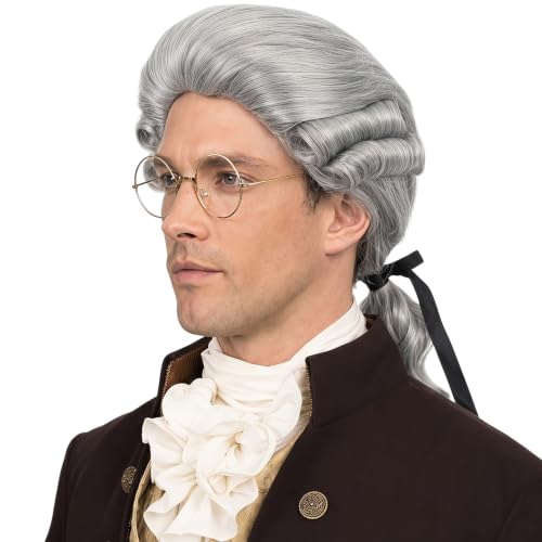 Bettecos Mens Judge Colonial Wig with Glasses Long Grey Powdered Wavy Wig Washington Costume Cosplay Halloween Party Wigs (Gray)