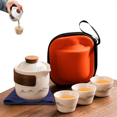 Porcelain Chinese Gongfu Tea Set Portable Ceramic Teapot Set Portable All in One Mini Travel Bag for Travel Home Gifting Outdoor Camping Picnic and Office Business Hotel Tea Lover