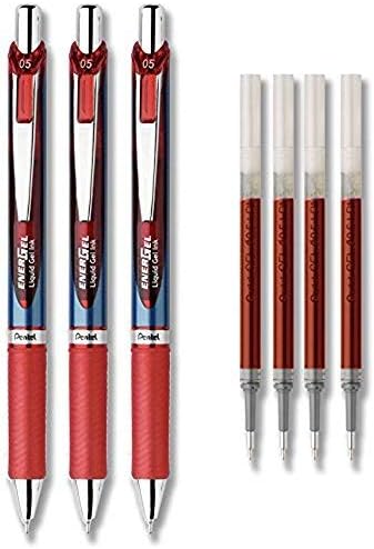 Pentel EnerGel Deluxe RTX Liquid Gel Ink Pen Set Kit, Pack of 3 with 4 Refills (Red - 0.5mm)