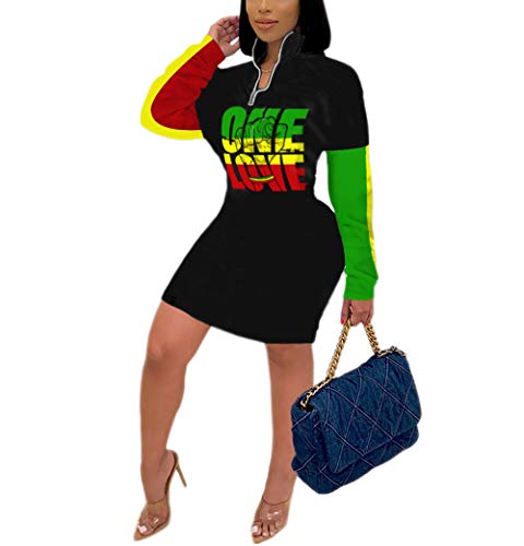 Women s Casual Bodycon Dress Plus-Size Printed Long Sleeve Zipper Fitness Outfits Midi Party Clubwear Dresses Black