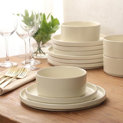 Image of Gibson Elite Avant-Garde 12 Piece Stoneware Dinnerware Set for 4, Linen White Plates and Bowls Set with Reactive Glaze, Includes Dinner Plates, Salad Plates and Bowls