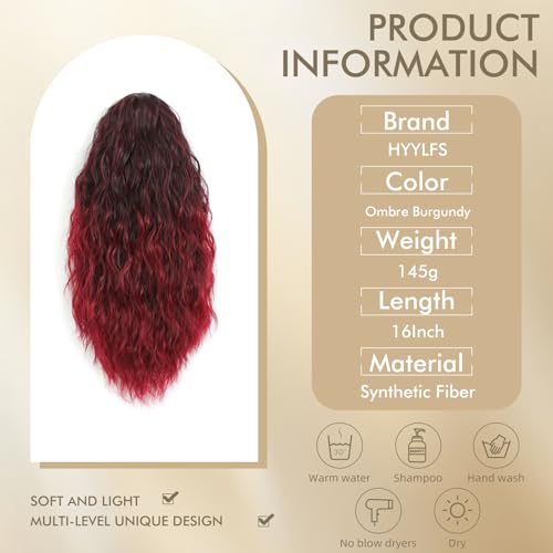 Image of Claw Clip Ponytail Extension 16In Wavy Curly Hair,Ombre Burgundy