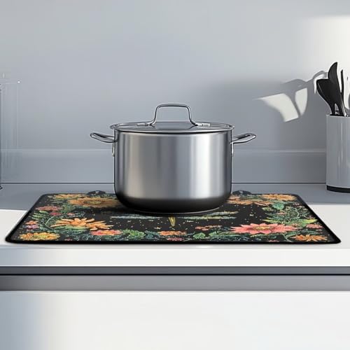 Image of Poceacles Glass Top Stove Cover for Electric Stove, Foldable Cooktop Protector Multipurpose Mat Washer Dryer Top Protector Kitchen Decor Accessories, Dragonfly Moon Flower