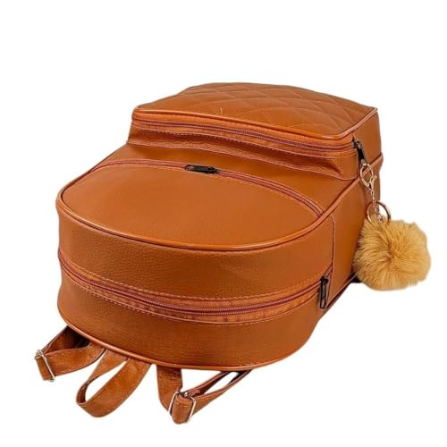 Bolsa Mochila Feminina de Couro Sintético Moda Casual com Chaveiro Pompom e Zíper(CARAMELO +POMPOM)