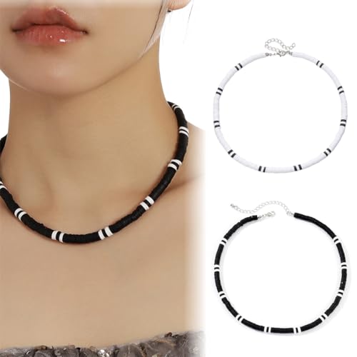 SULIUDAJI 2 Piezas Collar De Cuentas De Madera Para Hombre, Surfero, Combinación De Colores En Blanco Y Negro, Collares De Moda De Estilo Único