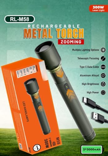 Image of RL-M58 300W LED Flashlight Torch | High Power Super Bright Light | Zoomable Focus | Type-C Rechargeable for Camping Hiking