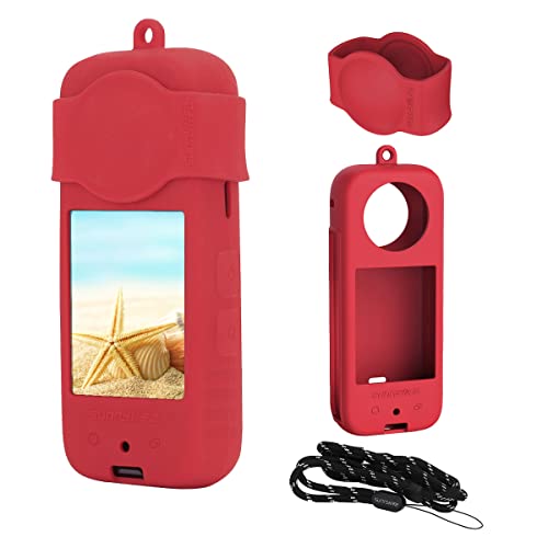 UKATOF Insta360 X3パノラマカメラの保護カバーにシリコンの保護のケースを贈りますひもを掛けてこすって、転んで、傷に強いことを防ぎます (赤(本体保護カバー+レンズ保護カバー+ストラップ))
