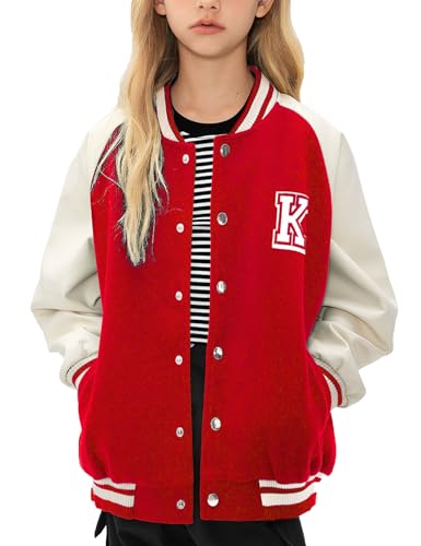 Flygo Kids Baseball Jackets Girls Boys Varsity Letterman Jacket Lightweight Snap Button PU Sleeve School Bomber Jackets