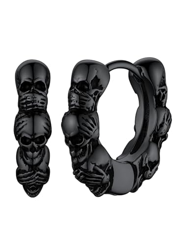 FaithHeart Skull Hoop Earrings for Men Silver/Black/Gold Stainless Steel Huggie Hoop Earrings Lightweight Hypoallergenic Earrings for Sensitive Ears