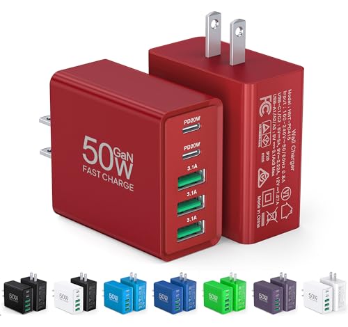 Image of USB C Wall Charger Block, 2Pack 50W USB C Charger 5-Port PD Fast Charging Blocks,QC 3.0 USB A Multiport Plug,Type C Power Adapter Brick Cube for iPhone 17 /16 /15 /14 /13 /Pro,Samsung,for Switch /Pixel(Red)