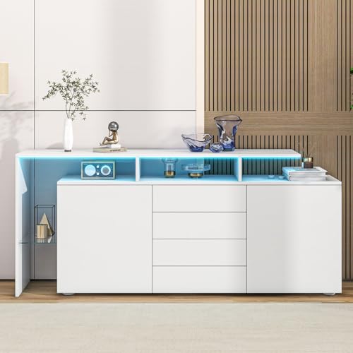 YEHTOKHOME Buffet Salon Blanc Brillant avec LED, Armoire de Rangement avec 3 Portes et 3 Tiroirs,...