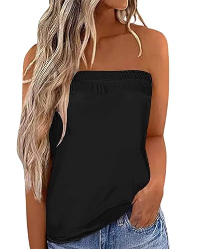 IWOLLENCE Women's Tube Tops Casual Summer Backless Strapless Top Sleeveless Bandeau Tanks Shirt Flowy Beach Coverups Black, L