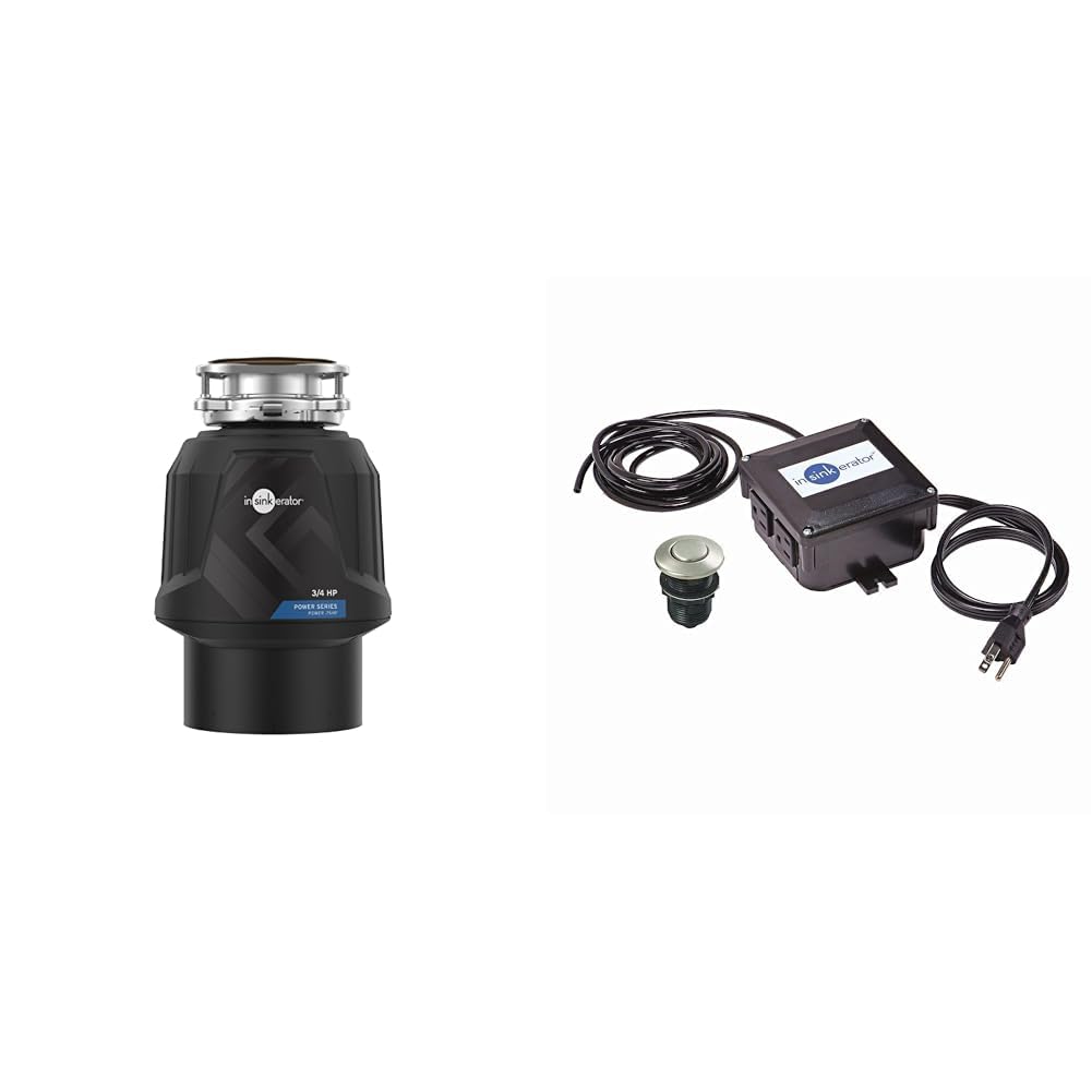 InSinkErator Power .75HP, 3/4 HP Garbage Disposal, Power Series EZ Connect Food Waste Disposer + InSinkErator Garbage Disposal Air Switch Kit, Dual Outlet Sink Top Switch Button, Satin Nickel STS-OOSN
