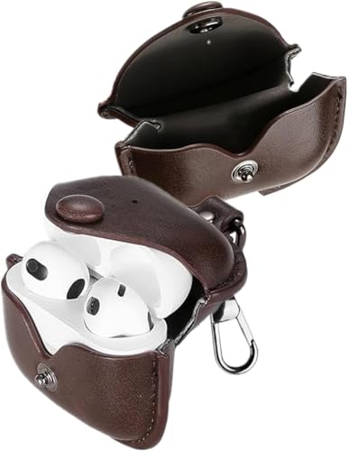 Image of Meyaar Leather Cover Case Compatible with AirPods 4 and AirPods 4 with Active Noise Cancellation (ANC) (2024) Front LED Visible. (Dark Brown)