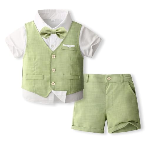 Image of Volunboy Baby Boys Summer Suits Short Sleeve Wedding Ring Bearer Outfits 4Pcs Graduation Dress Vest Shirt Bowtie Shorts Set