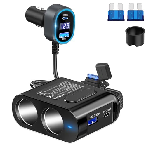 Cigarette Lighter Splitter 12V Plug 2-Socket with PD 65W Port, Car USB Charger Multi Port 300W 12V/24V Adapter with Voltage Display and 15A Fuse for All Car Devices, DC Outlet Car Accessories