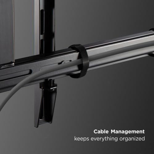 Close-up of the TV mount arm showing a cable secured with a cable tie, illustrating the cable management feature.