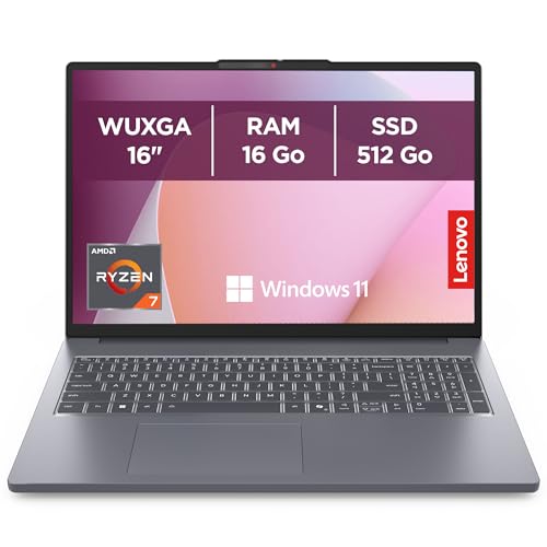 Lenovo IdeaPad Slim 3 16ARP10 - Ordinateur Portable 16'' WUXGA (AMD Ryzen 7 7735HS, RAM 16Go, SSD 512Go, Graphique AMD Radeon 680M, Windows 11 Home) Clavier...