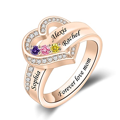 BAUMA AUTO Personalized Mother Ring with 1-8 Simulated Birthstones Heart Ring Custom Wedding Family Engraved Name Ring for Mom Women Grandma Her3