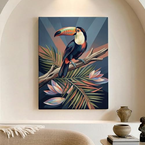 Lienzo de tucán tropical, cuadro de pájaros coloridos y flores para decoración de casa
