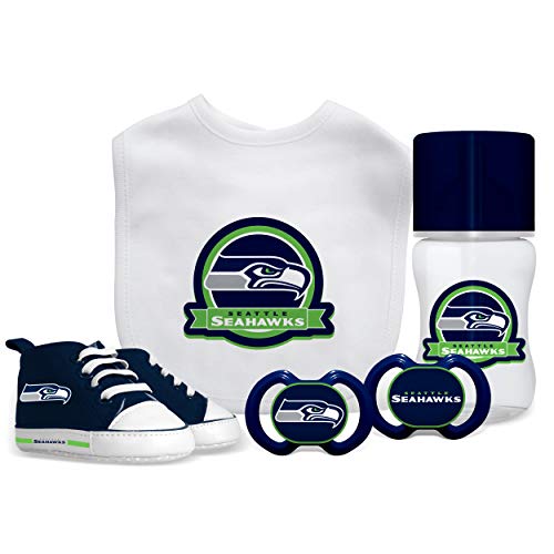BabyFanatics Sports Themed 5 Piece Gift Set with Bib, Pacifiers, Prewalkers & Bottle â€“ Seattle Seahawks NFL â€“ for Boys & Girls Ages 6 Months & Up