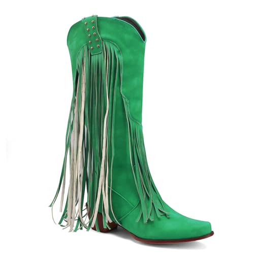Image of KiutSymo Mid Calf Fringe Boots For Women Cowboy Pointed Toe Chunky Heels Cowgirl Western Tassel Boots